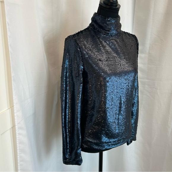 SIMONS Icone Matte blue Sequin high neck long sleeve top Sz S - Picture 3 of 13
